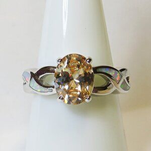 Silver Ring Size 7.5 White Lab Fire Opal Inlay 8mm*6mm Morganite New Old Stock